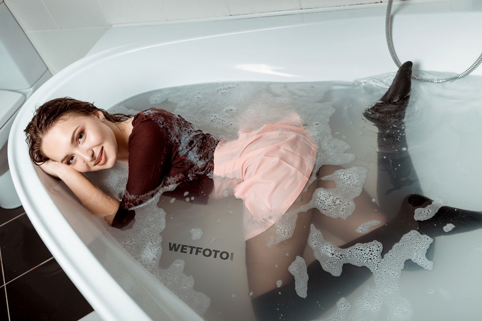 wet girl wet hair get wet blouse skirt tights fully soaked water bath shower