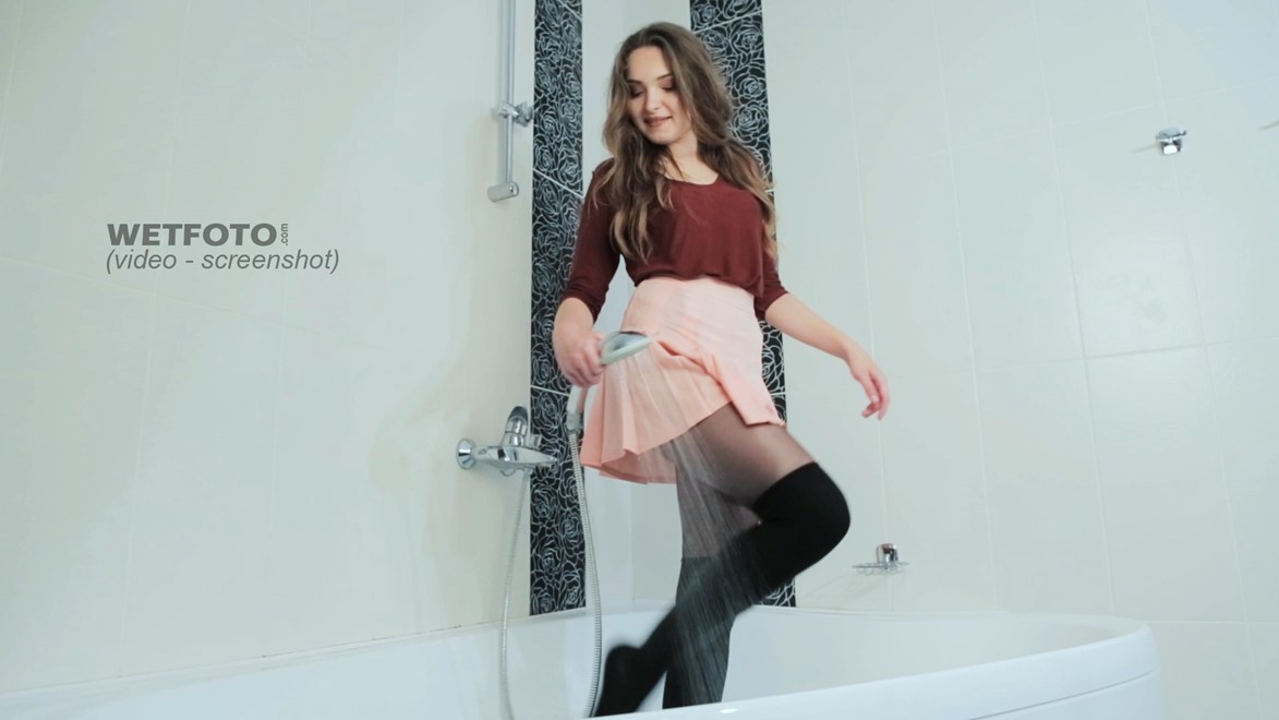 wet girl wet hair get wet blouse skirt tights fully soaked water bath shower