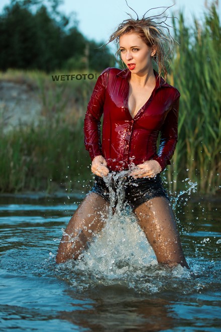 wet girl wet hair get wet shirt jeans shorts tights fully soaked water lake