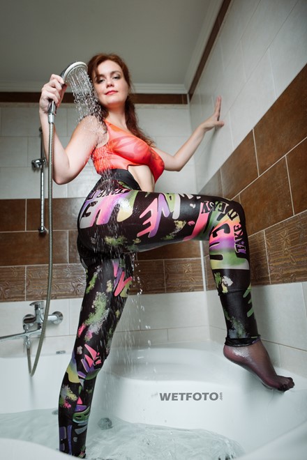 wet girl wet hair get wet bodysuit socks leggings fully soaked water bath shower