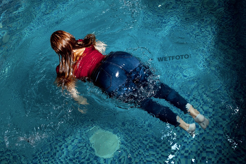 wet girl wet hair get wet  tights jeans bodysuit waistcoat socks sneakers fully clothed water pool