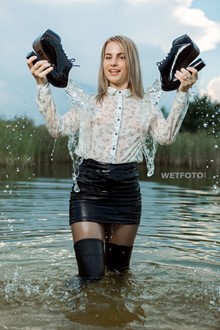 #427 - Swimming by Soaking Wet Blonde Girl in Sexy Tights, Mini Skirt and Shoes with High Heels