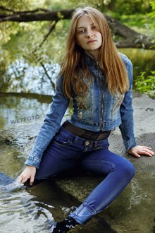 #448 - Fully Clothed Girl in Jacket, Jeans and Tights Get Wet by the River