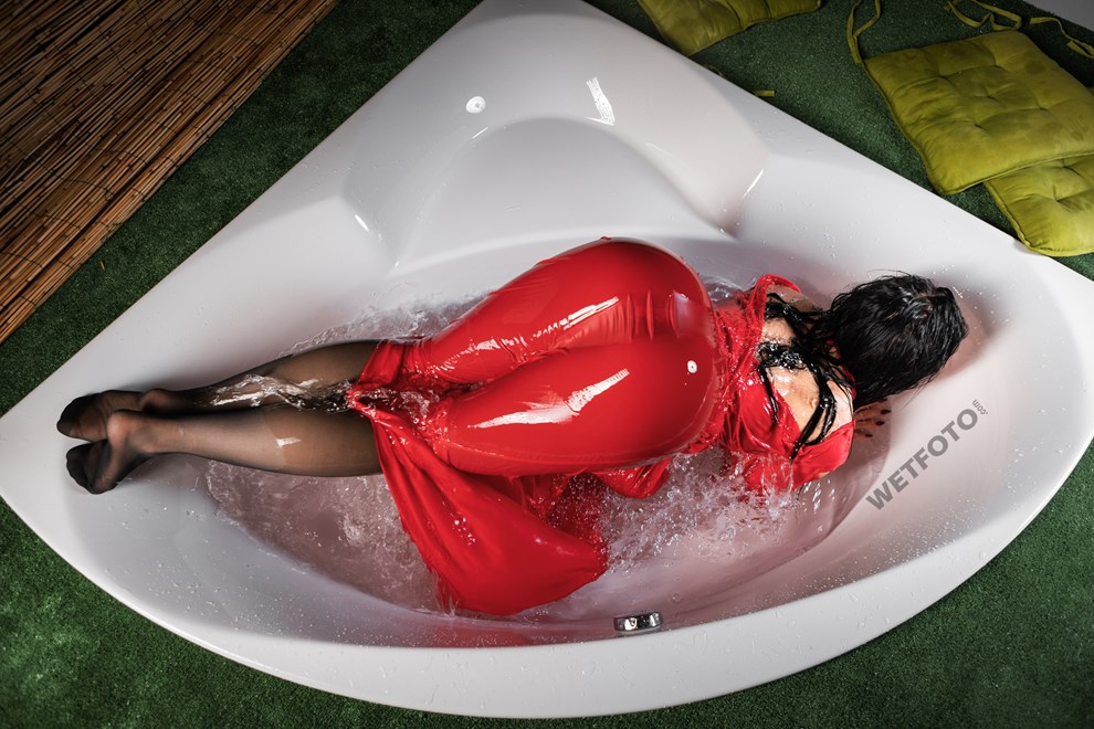 wetfoto girl soaking wet red dress pantyhose