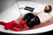 wetlook business woman soaked takes bath red suit pantyhose
