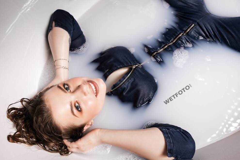 wetfoto girl wet skinny denim overall jumpsuit milk bath