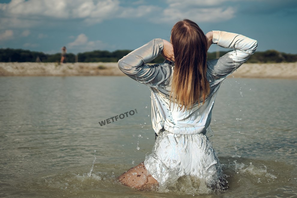wetfoto girl swims lake pantyhose bodysuit