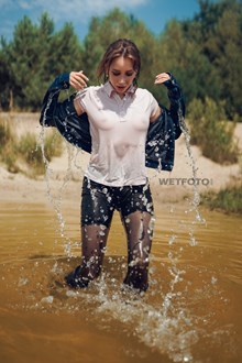 #564 - Beautiful Girl Gets Fully Wet in her Clothes - Jeans Jacket, Tights and Black Shiny Leggings Shorts