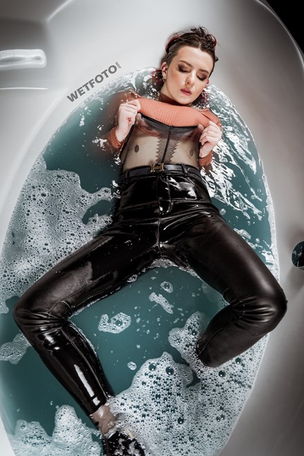 girl get wet leather pants bath wetfoto