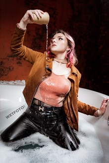 #584 - Hot Girl Takes a Bath and Gets Wet in Blouse Without Bra and Faux Leather Pants
