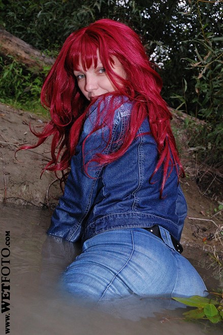 #60 - Wetlook by Red-Haired Girl in Denim Jacket, Tight Jeans and Leather Boots by Lake